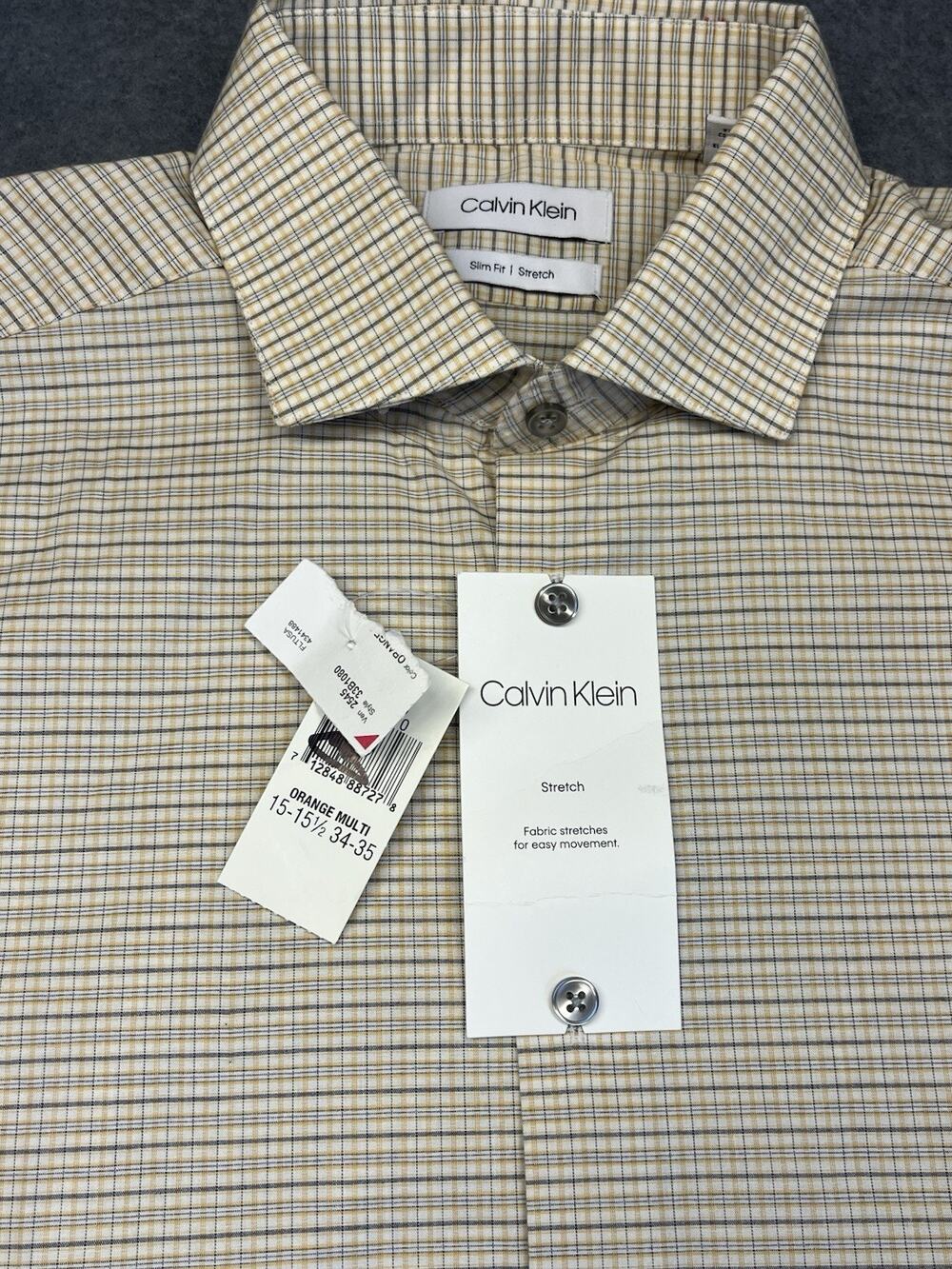 NEW WITH TAGS Calvin Klein Mens 15-15.5 34/35 Slim Fit Stretch Plaid Dress Shirt